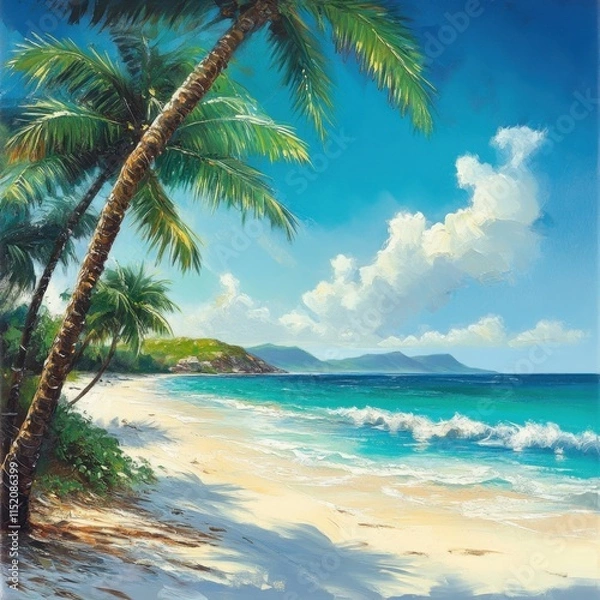Fototapeta A stunning Mediterranean tropical beach scene, featuring crystal-clear turquoise waters, soft white sand, and lush green palm trees swaying in the breeze.