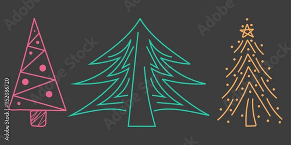 Fototapeta Winter new year set: three geometric christmas trees. Doodle vector hand-drawn illustration in blue, yellow, pink, grey colours for cards, banners, wallpaper, textile, background. Editable stroke