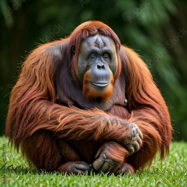 Fototapeta An Adult Orangutan with Reddish Brown Fur Sitting in the Grass