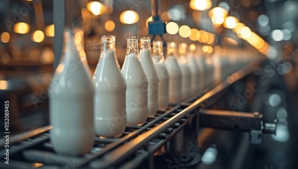 Fototapeta Streamlined production of fresh milk bottles in a modern dairy facility. Efficient processing with glowing lights reflects a busy manufacturing environment.