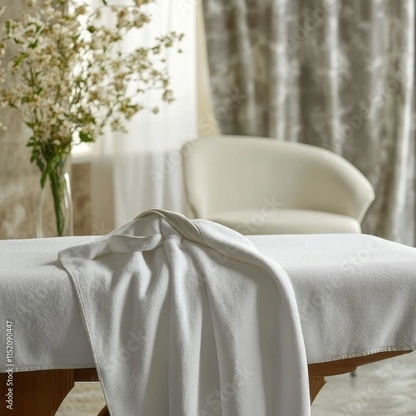 Fototapeta A tranquil spa scene featuring stones, flowing water, candles, and flowers in a garden setting.