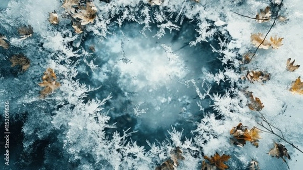 Fototapeta Aerial view of icy water surrounded by intricate frost patterns and autumn leaves.