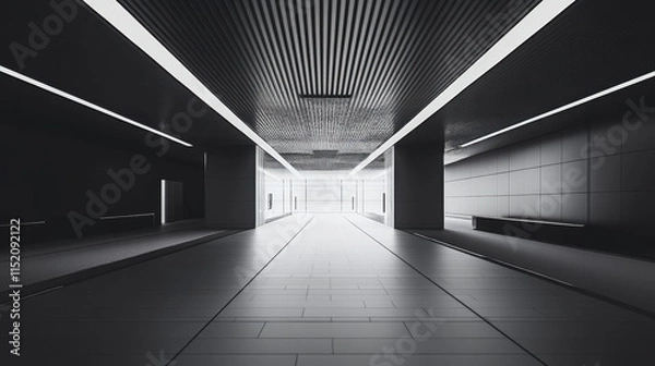 Fototapeta A large, empty, and dark tunnel with a white ceiling
