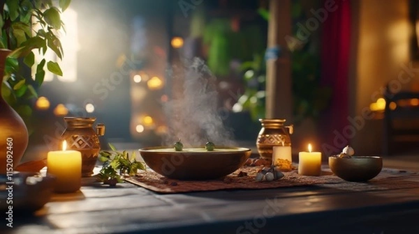 Fototapeta Rustic Candlemas Feast with Comforting Warm Dishes and Soft Candlelight Atmosphere