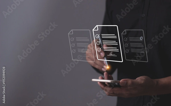 Fototapeta Young man with smartphone mobile hand using a pen touching to sign a Online Business Contract, Contract signing, Electronic signature, Digital documents, Future smart contract