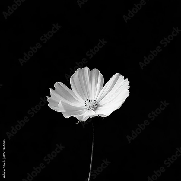 Fototapeta A white flower against a black background, creating a striking contrast that highlights the flower's delicate details and purity.