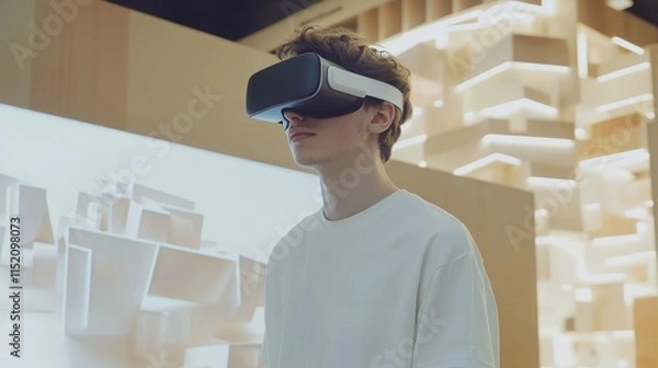 Fototapeta A young man in VR glasses creates a 3D model against the background of a modern office. In front of him is a screen with futuristic visualizations. The space is minimalistic, with neutral colors.