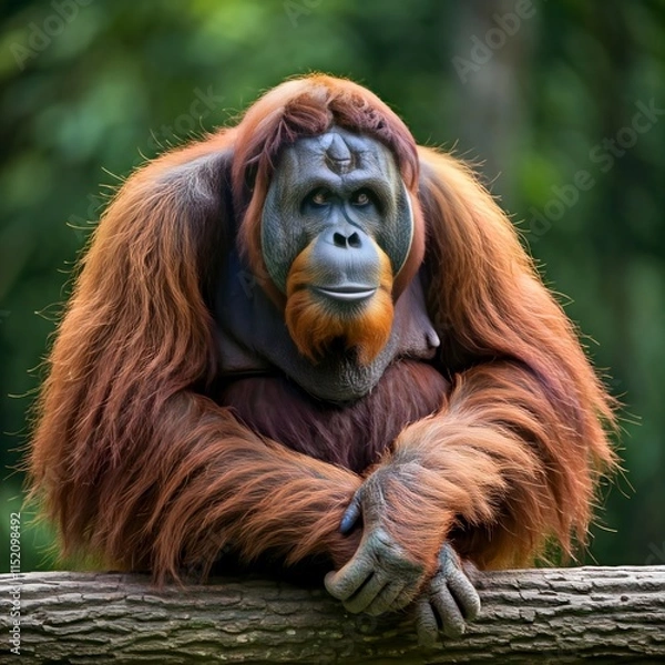 Fototapeta An adult orangutan with reddish-brown fur sitting on a tree branch in a lush, green forest environment