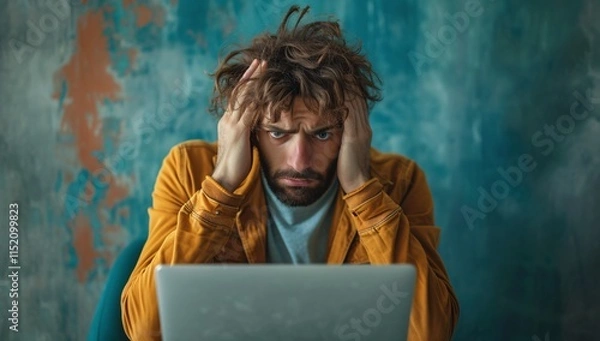 Fototapeta Stressed young man with disheveled hair expressing frustration while working on a laptop, set against a colorful textured wall background.