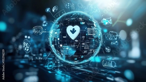 Fototapeta Global healthcare network, digital heart icon on a digital globe.