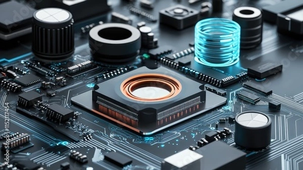 Obraz A futuristic 3D microchip concept with modular components, emphasizing scalability and advanced design features