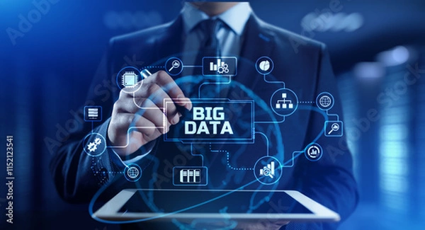 Obraz Big Data Analysis Analytics internet technology concept. Businessman pressing button on screen.
