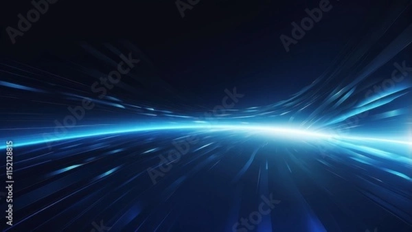 Fototapeta Vector abstract, future, scientific, and energy technology idea. Blue light-filled stripes, motion blur, speed, and light rays on a dark blue background in a digital image