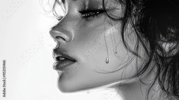 Fototapeta drawing. A single tear rolling down a delicate Face cheek, capturing the raw emotion of sorrow and inner strength. The tear glistens as it falls, highlighting the contrast between vulnerability