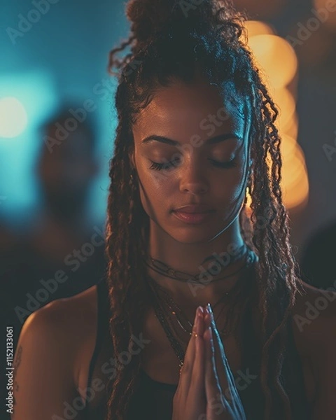Fototapeta Woman With Dreadlocks Practicing Mindfulness in a Dimly Lit Environment During a Meditation Session at Night