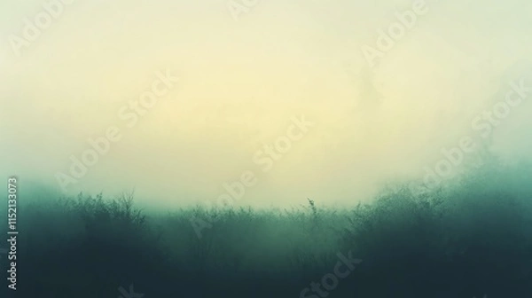 Fototapeta Mysterious landscape shrouded in fog, creating an ethereal atmosphere with delicate silhouettes of plants.