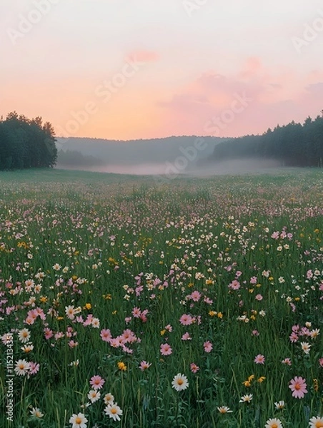 Fototapeta A serene landscape featuring a vibrant meadow bursting with colorful wildflowers in pastel hues, framed by a misty forest at sunrise, creating a peaceful morning ambiance.