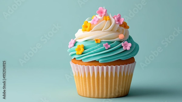 Fototapeta A colorful cupcake topped with swirls of frosting and decorative flowers, set against a soft blue background.
