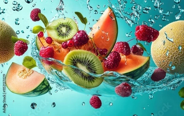 Fototapeta A vibrant fruit platter floating mid-air with melons, kiwis, and berries, on a turquoise background