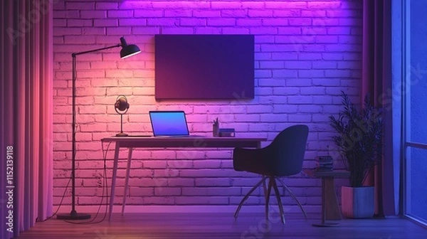 Fototapeta Neon Lit Modern Workspace Featuring Brick Wall And Laptop