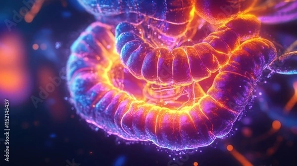 Fototapeta An abstract, colorful representation of interconnected, glowing forms resembling intestines, showcasing vibrant hues and intricate details.