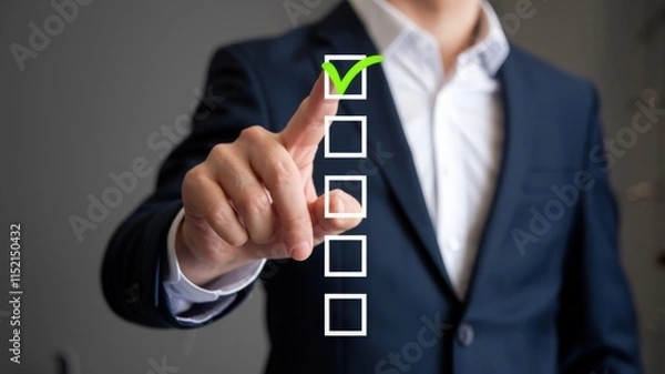 Fototapeta Businessman hand point to tick correct sign mark in checkbox for quality document control checklist and business approve project concept.