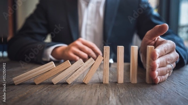 Fototapeta Concept of business control by stopping domino effect.