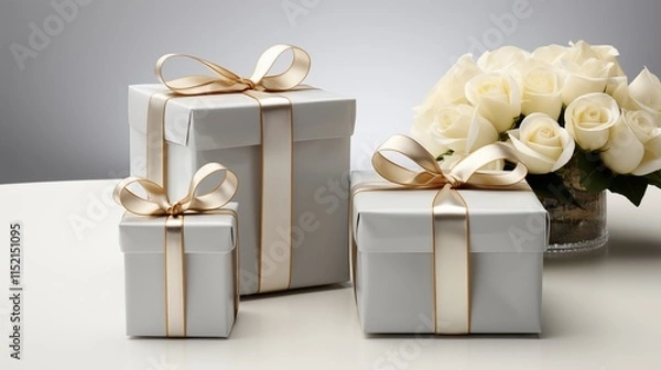 Fototapeta A Royal white folding gift box in Opened and closed style gift box 3d rendering style with grey solid background