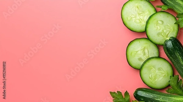 Fototapeta Fresh Green Cucumbers Slices on Pink Background with Leaves