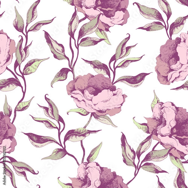 Fototapeta Hand Drawn Peonies Seamless Pattern