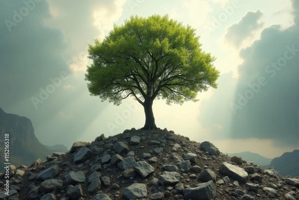 Fototapeta A symbolic image of a tree growing through rubble symbolizing hope