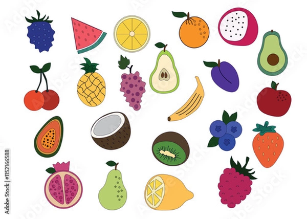 Fototapeta A collection of colorful fruit illustrations featuring a variety of tropical and everyday fruits such as watermelon, lemon, orange, grapes, kiwi, avocado, pomegranate, banana, apple, and more.