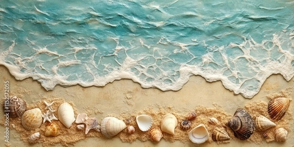 Fototapeta Seashells and starfish adorn a sandy beach with ocean waves