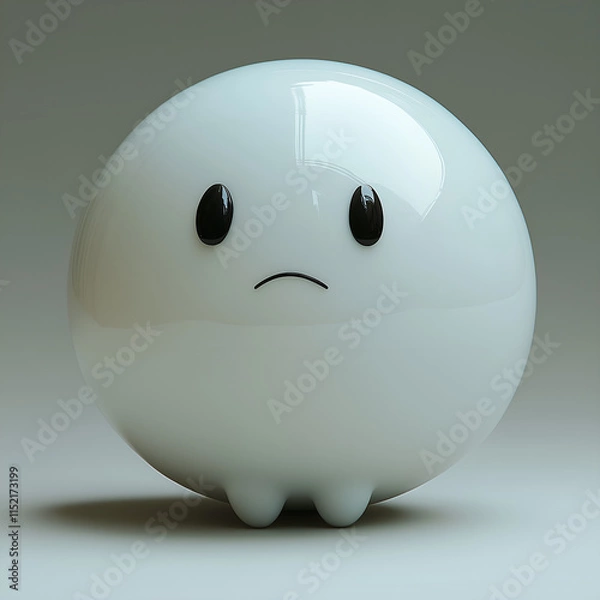 Fototapeta A minimalist, glossy white spherical character with a sad, subtle frown and shiny black oval eyes.