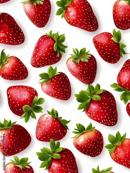 Fototapeta Fresh Strawberry Pattern on White - Vibrant red strawberries, juicy and ripe, arranged in a delightful pattern against a crisp white background. Symbolizing summer, freshness, sweetness, healthy eatin