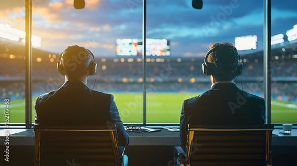 Fototapeta A sports announcer duo wearing headsets, seated at a commentary booth with a stadium visible in the background through the window. 