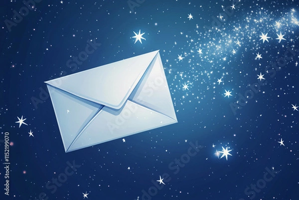 Obraz A white envelope with glittering stars is flying in the air against a blue background, a vector illustration in a cartoon style 