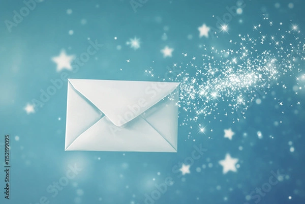 Obraz A white envelope with glittering stars is flying in the air against a blue background, a vector illustration in a cartoon style 