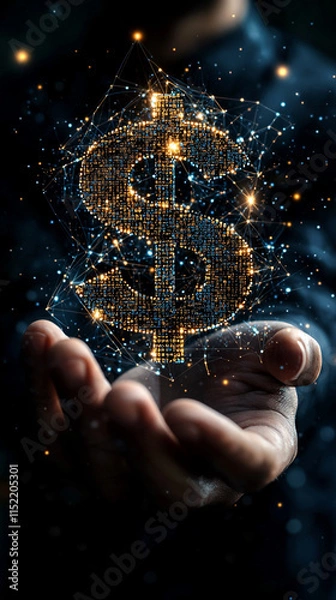 Fototapeta Businessman hand hold dollar currency sign for concept of AI (Artificial Intelligence) technology 