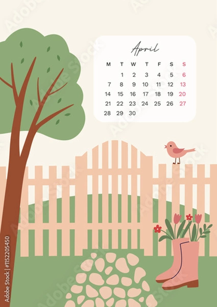 Fototapeta Calendar of april 2025 with hand drawn illistration inspired by nature and spring season. Week start from Monday. Poster with landscape of garden