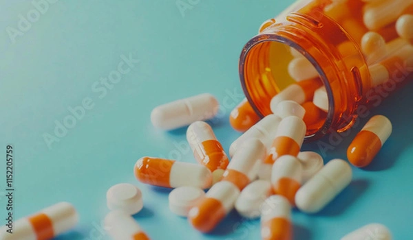 Fototapeta close up of orange and white pills spilling out from an open bottle on blue background with copy space,