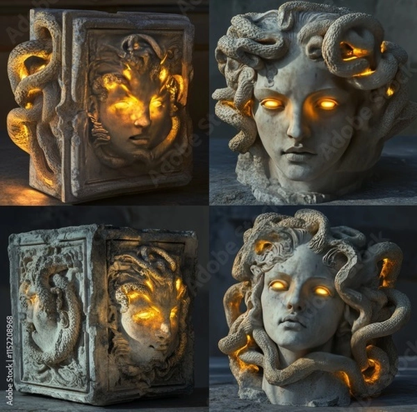 Fototapeta A collection of four images featuring Medusa, the gorgon, with different lighting effects and a stone statue of her head in each one. The first is a square sculpture with glowing eyes and golden serpe