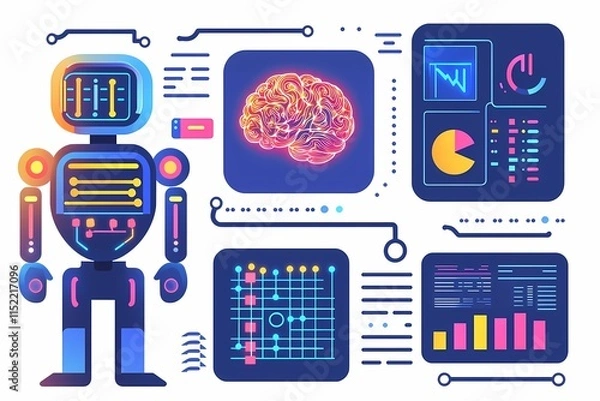 Fototapeta Colorful Robot with Brain Visualization and Data Analytics Display