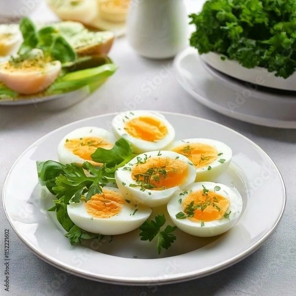 Obraz Soft-Boiled Eggs with Fresh Herbs and Greens on a White Plate