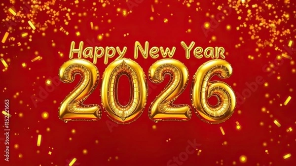 Fototapeta Gold Happy New Year 2026 message Red balloons with decoration party. symbolizes the start of the new year
