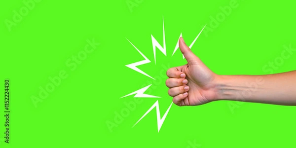 Fototapeta Hand with Approval Gesture on Vibrant Green Background in Minimalist Style.