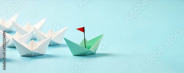 Fototapeta Leadership and Highlight: Minimalist Origami Concept with green Single Boat highlighted with leadership flag over the other team of white boats on blue background.