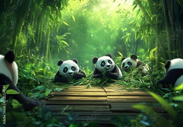 Fototapeta A group of pandas sitting on bamboo leaves in the green grass, surrounded by lush vegetation and dense foliage. The giant panda is holding its head with one hand while lying down to enjoy eating fresh