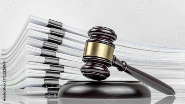 Obraz Judge's gavel and a stack of court files and documents on a desk. Judicial case backlogs and accumulation.