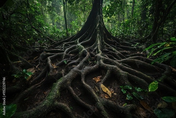 Fototapeta Gnarled tree roots emerging from the ground in a dense, dark forest
